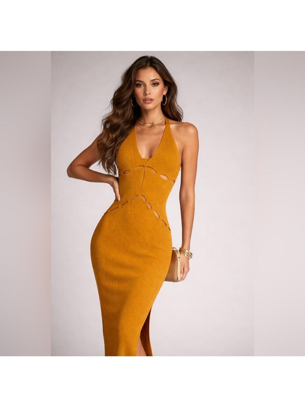 For Love & Lemons Ribbed Knit Cutout Halter Maxi Dress Mustard Bodycon Size S